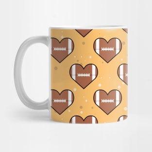 American Football Ball Texture In Heart Shape - Seamless Pattern on Orange Background Mug